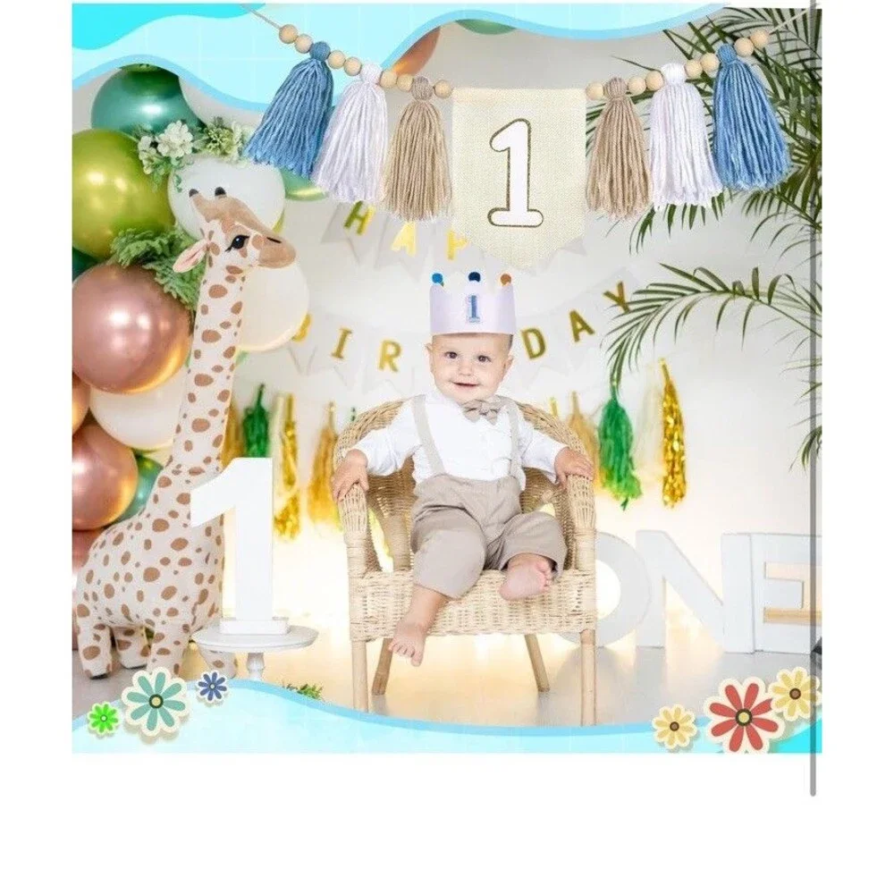 High Chair Banner Baby 1st Birthday Party Decorations With Hat And Cake Topper